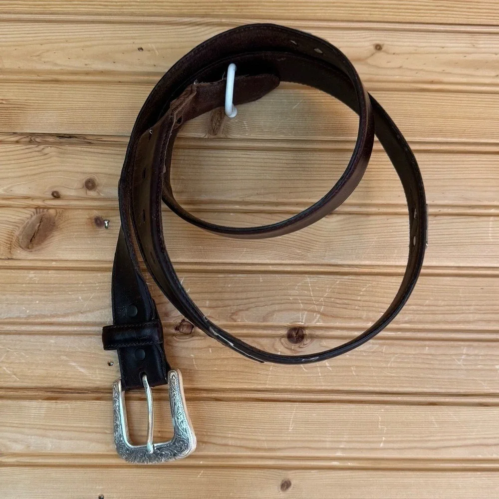 Resistol Belt Genuine Full Grain Leather Brown Silver Buckle Geometric 44/110